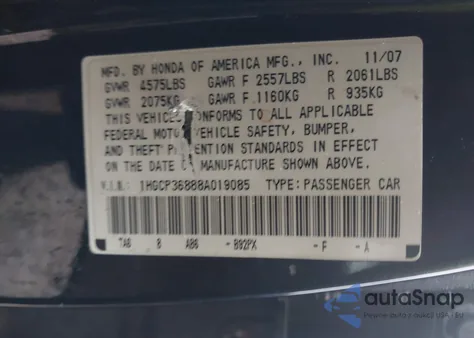 2008 Honda Accord 3.5 Ex-L from USA, damaged, VIN 1HGCP36888A019085